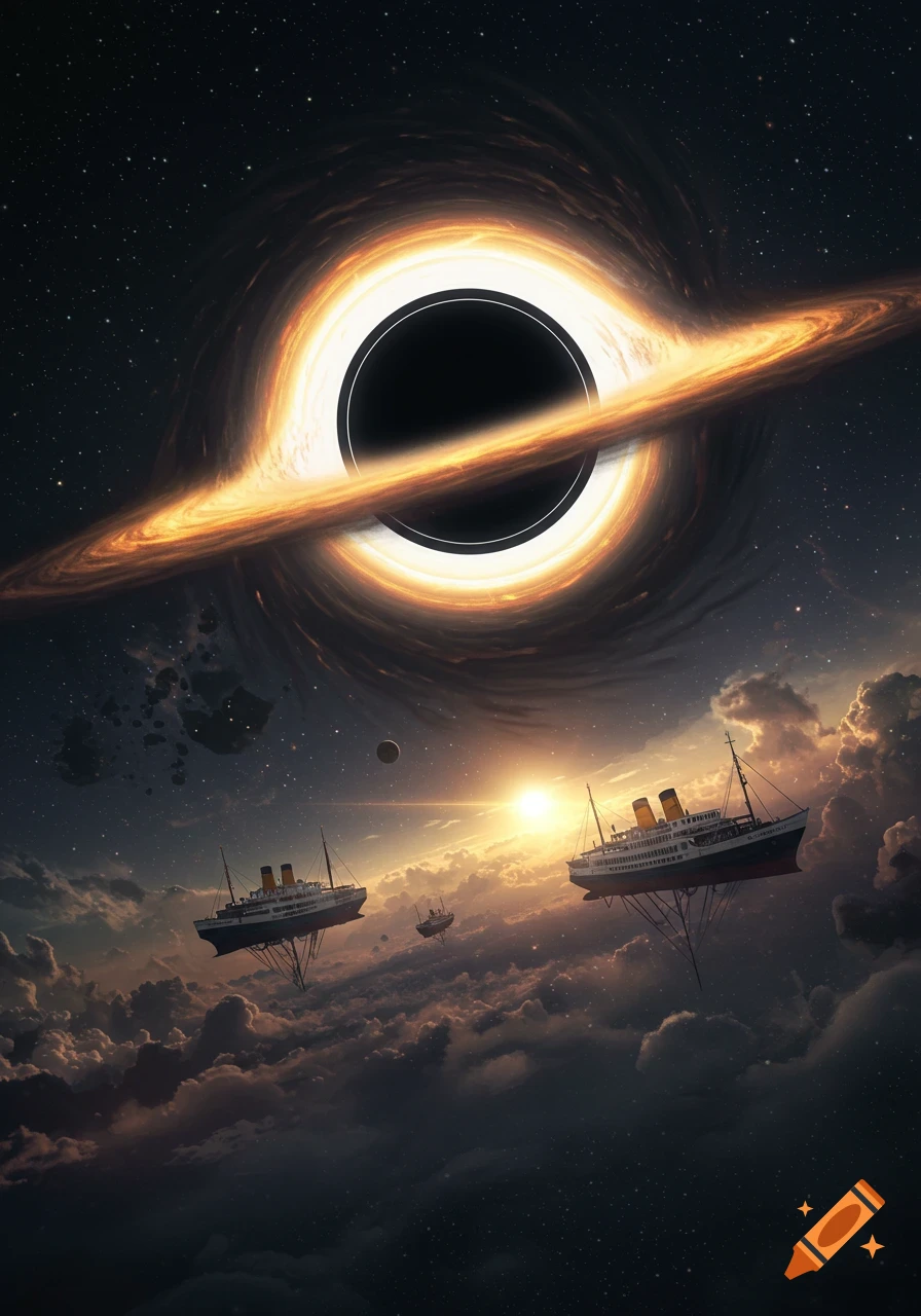 A surreal scene with a bright black hole above three vintage ships floating among sunlit clouds in a starry sky.