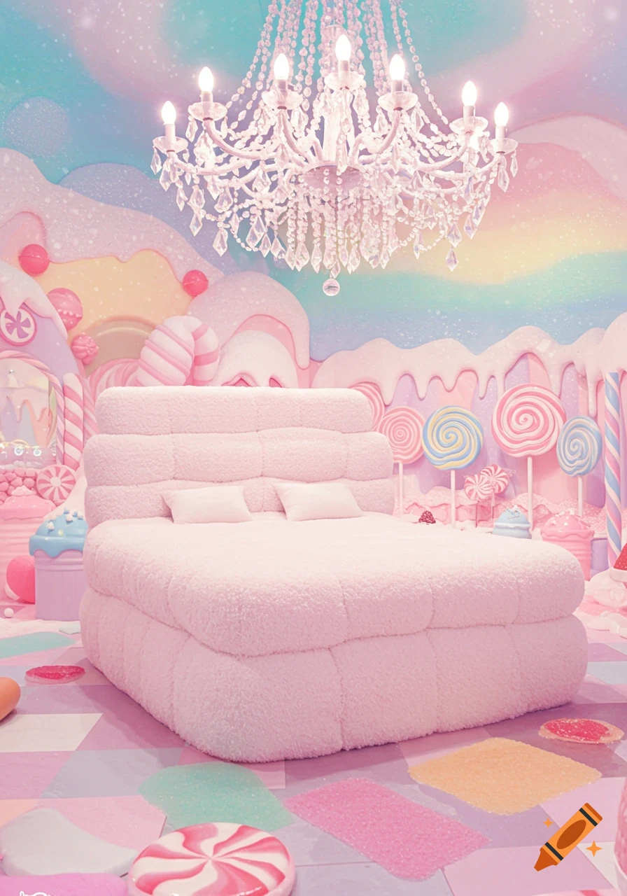 A whimsical pastel-colored room with a fluffy pink marshmallow-like bed, a crystal chandelier, and giant lollipops and candies.