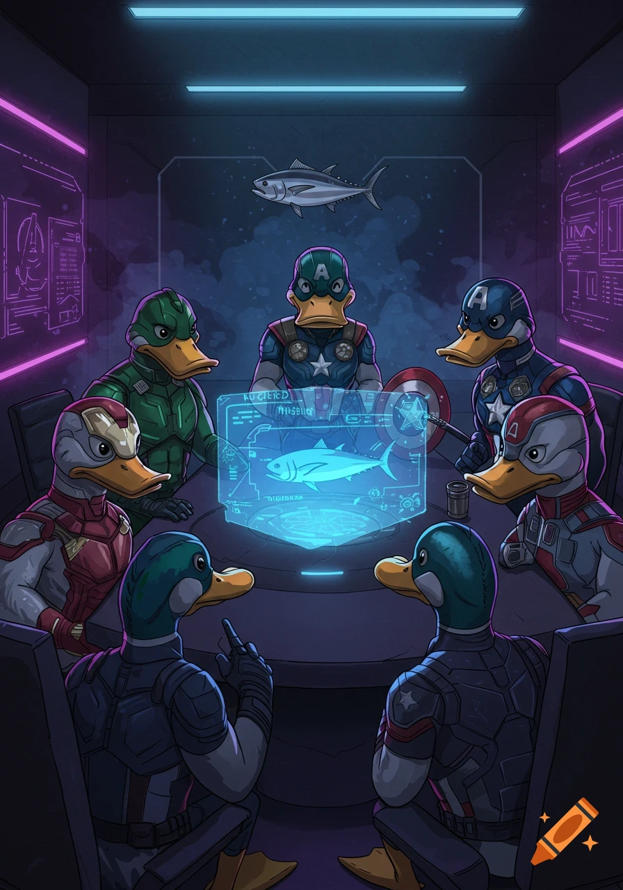 Anime style mallard ducks dressed as Avengers superheroes meeting around a holographic display showing a tuna fish.