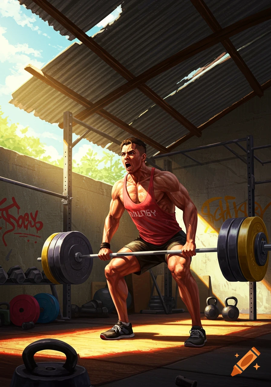 Muscular man in red tank top intensely deadlifting weights in rustic, sunlit gym with graffiti, in an illustrative style.