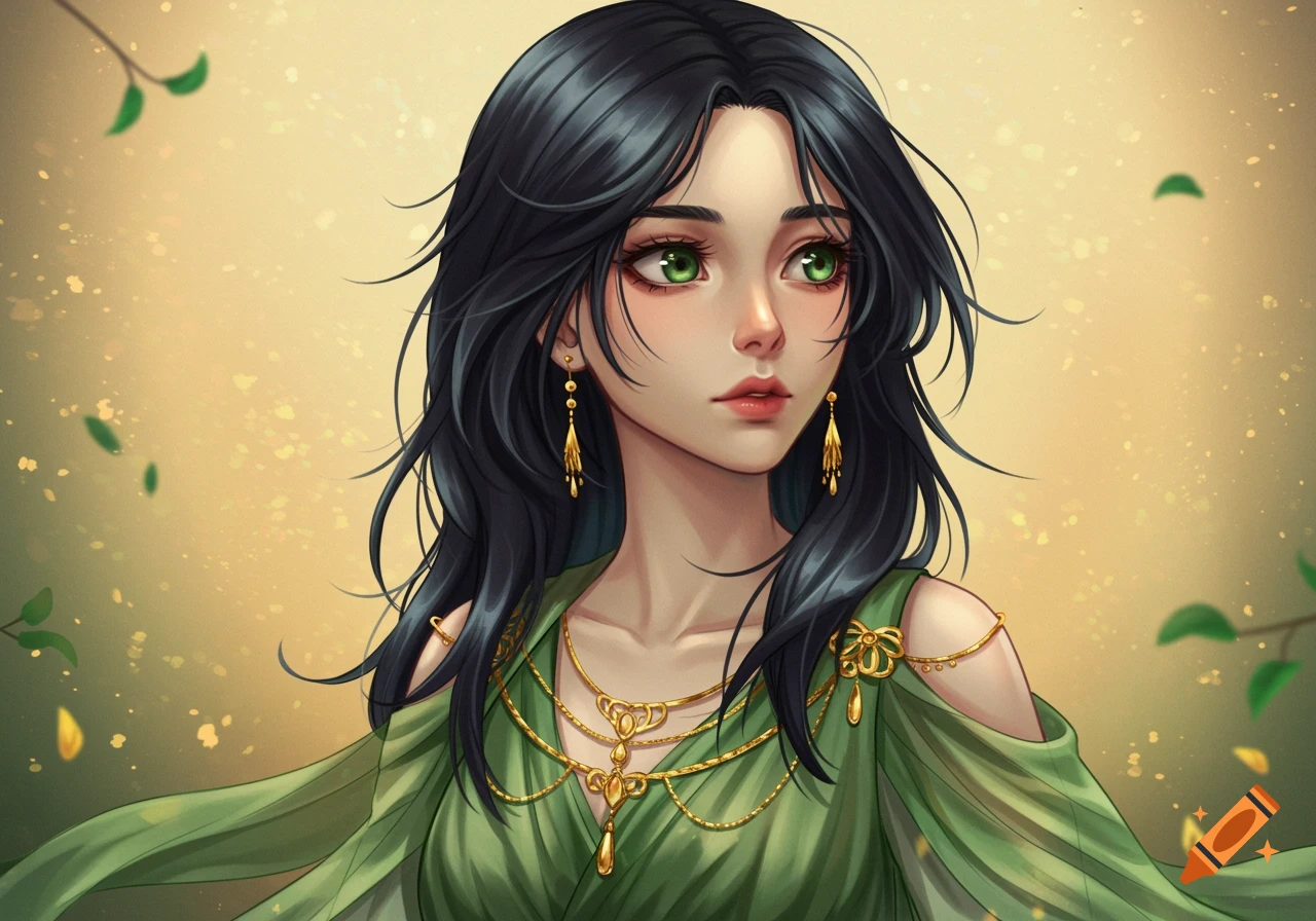 A detailed drawing of an anime girl with long black hair and green eyes, wearing a green off-shoulder dress and intricate gold jewelry.