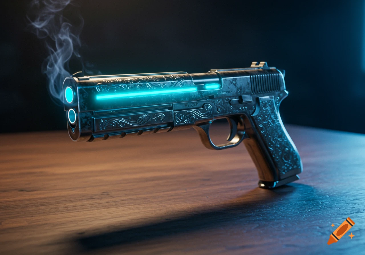 A futuristic, engraved pistol with glowing blue lights and smoke emitting from the barrel, resting on a wooden surface.