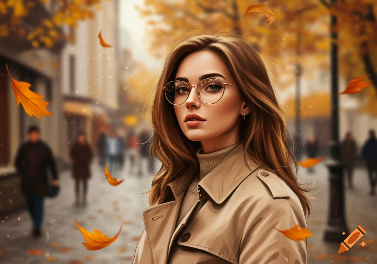 A photorealistic portrait of a woman with long brown hair and glasses wearing a beige trench coat on an autumn city street with falling leaves.