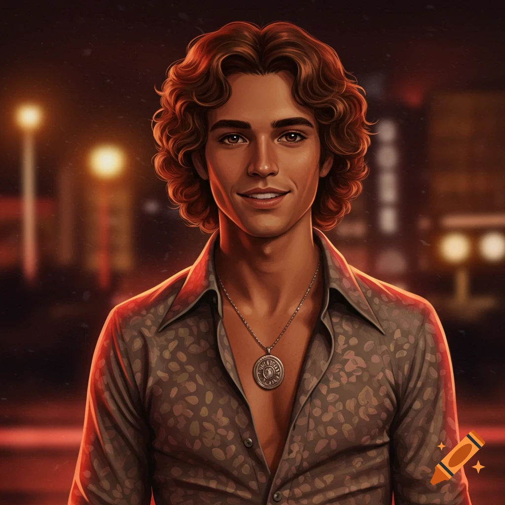 A digitally painted portrait of a young man with curly brown hair, wearing a patterned shirt and necklace, smiling against a blurred night city background.