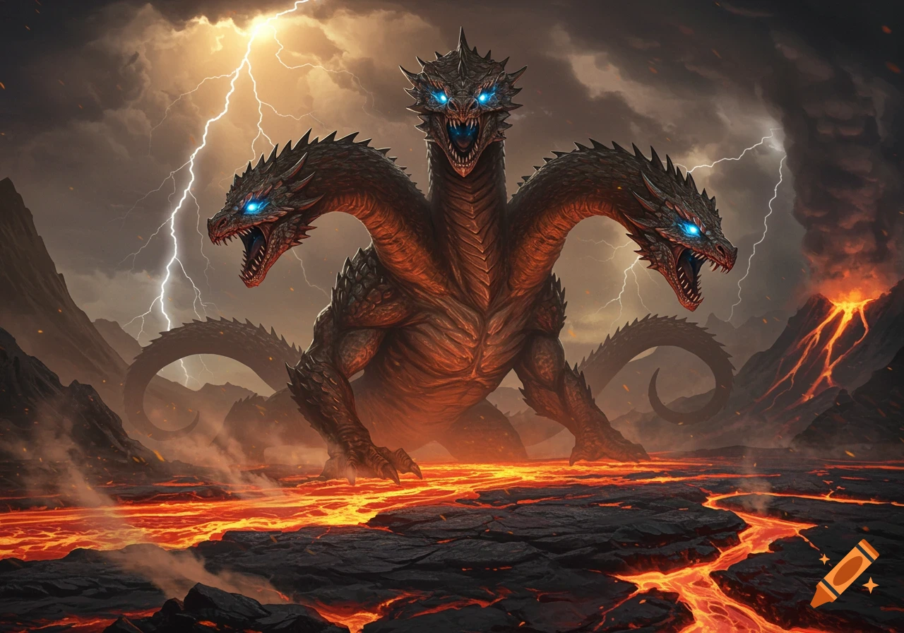 A three-headed dragon-like monster with glowing blue eyes stands in a volcanic landscape under a stormy sky with lightning.