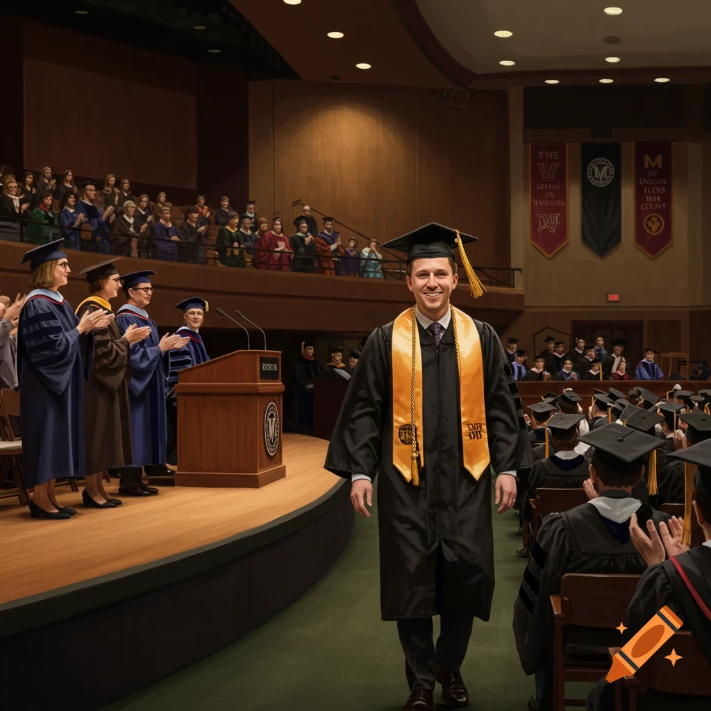 A smiling man in a black graduation gown and gold stole walks across a stage, while others applaud in the background during a ceremony.