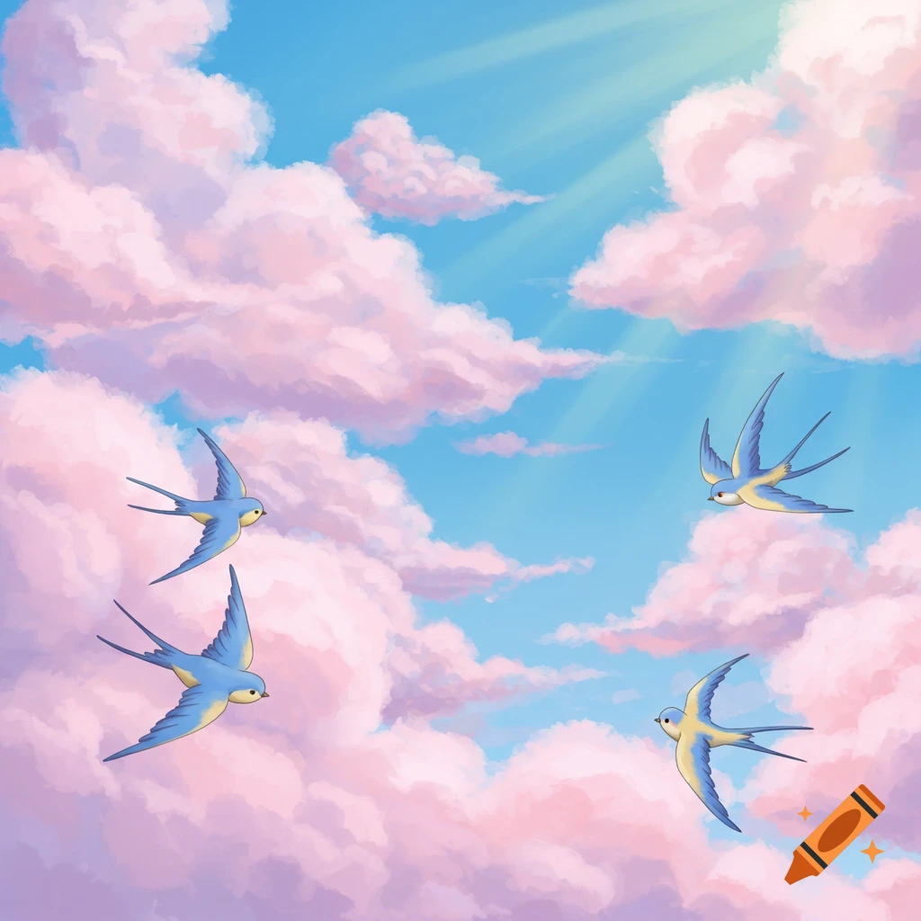 A cartoon illustration of a bright blue sky filled with fluffy pink and purple clouds, with four stylized blue swallows flying amongst them. Sunlight streams from the top left.