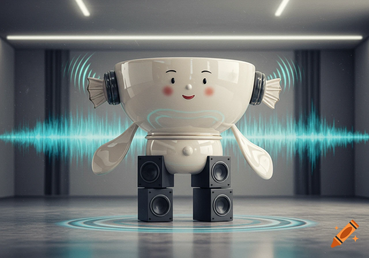 A cheerful character made from a white bowl, with speaker legs and ear-speakers, standing on a reflective floor with blue sound waves. 3D render.