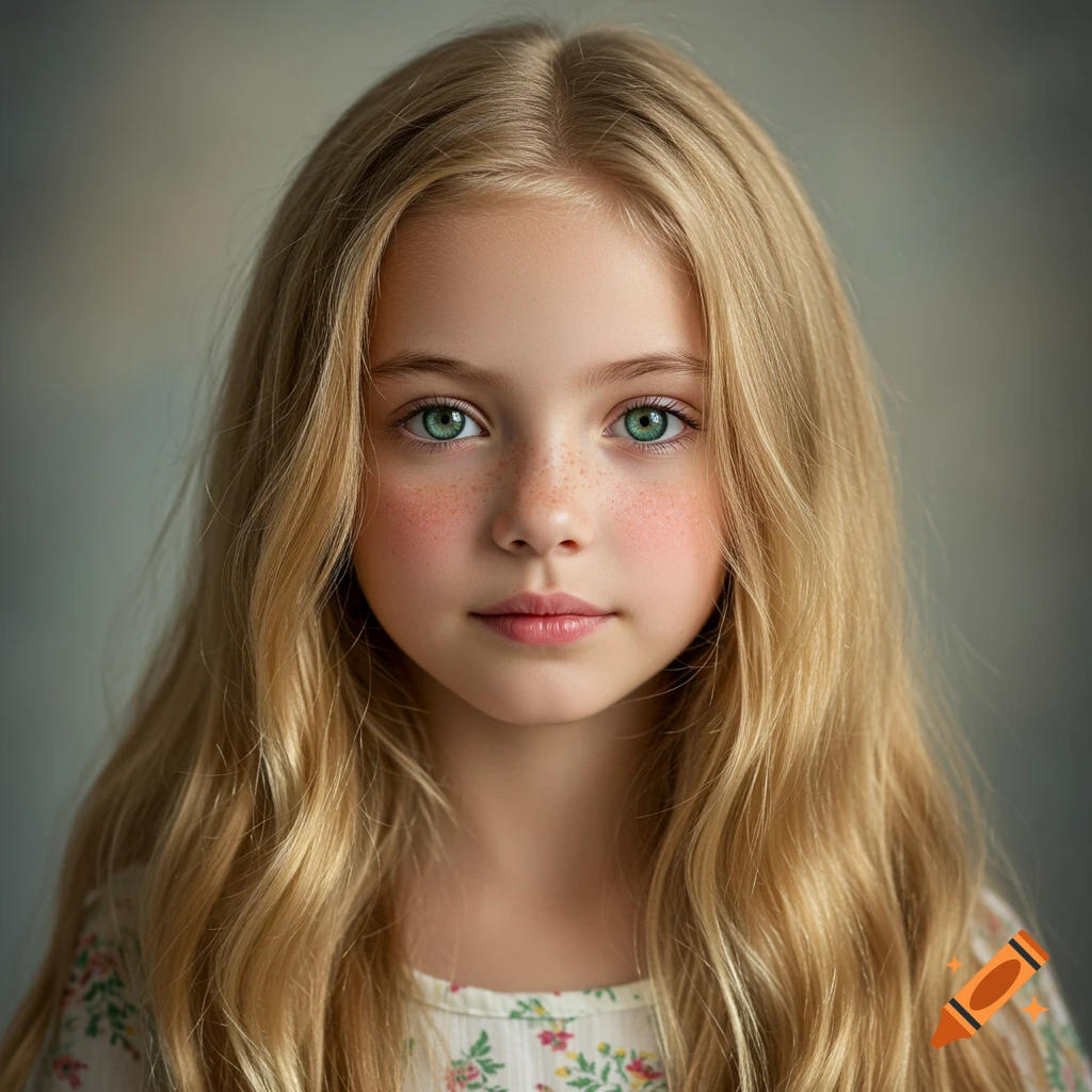 Photorealistic close-up portrait of a young girl with long wavy blonde hair, green eyes, and freckles.