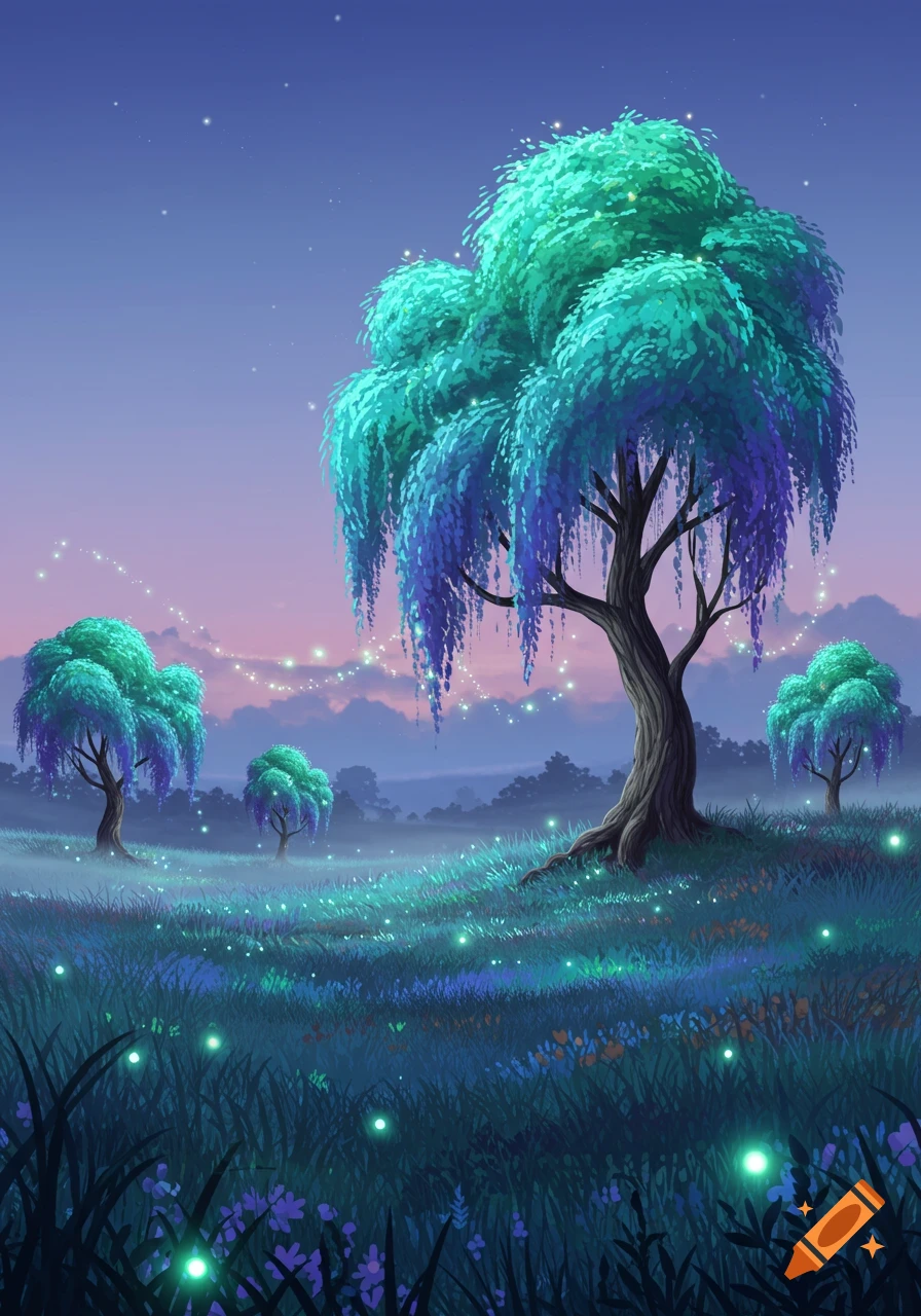 A fantastical twilight landscape with luminous green and blue willow trees, misty fields, and glowing specks.