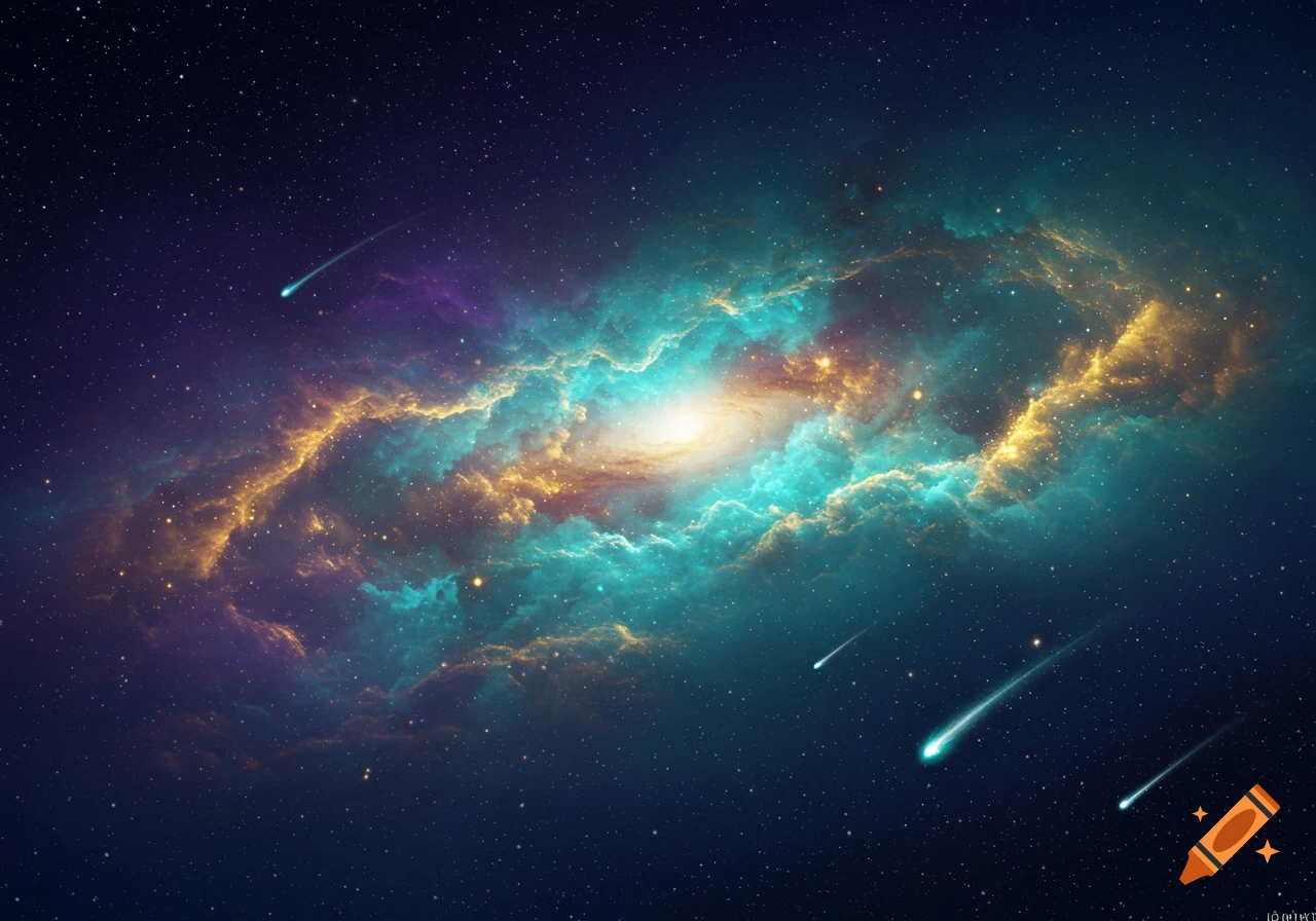 A vibrant cosmic nebula with teal, gold, and purple clouds, featuring shooting stars across a dark, star-filled galaxy.