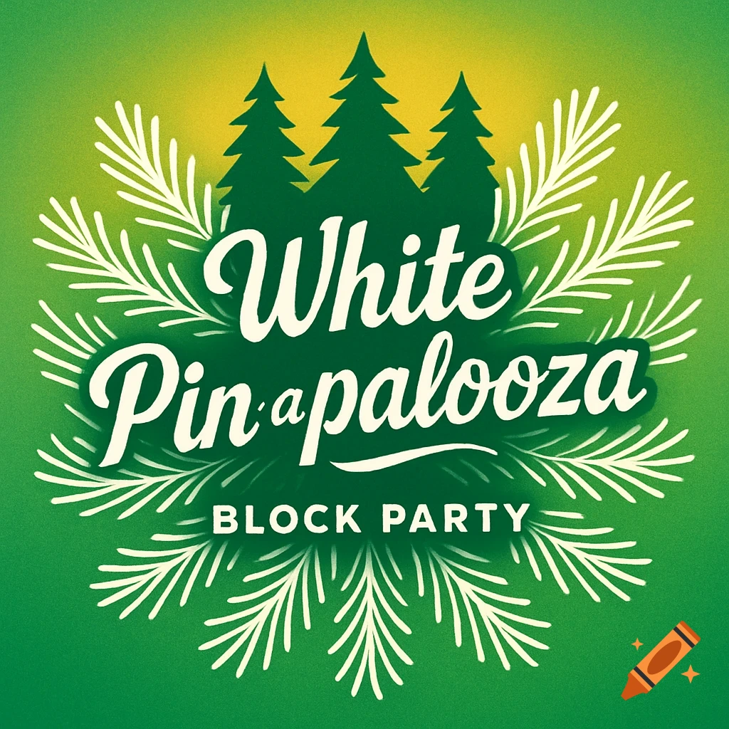A green and yellow logo for 'White Pin-a-palooza Block Party' with white stylized text and three dark green pine trees.