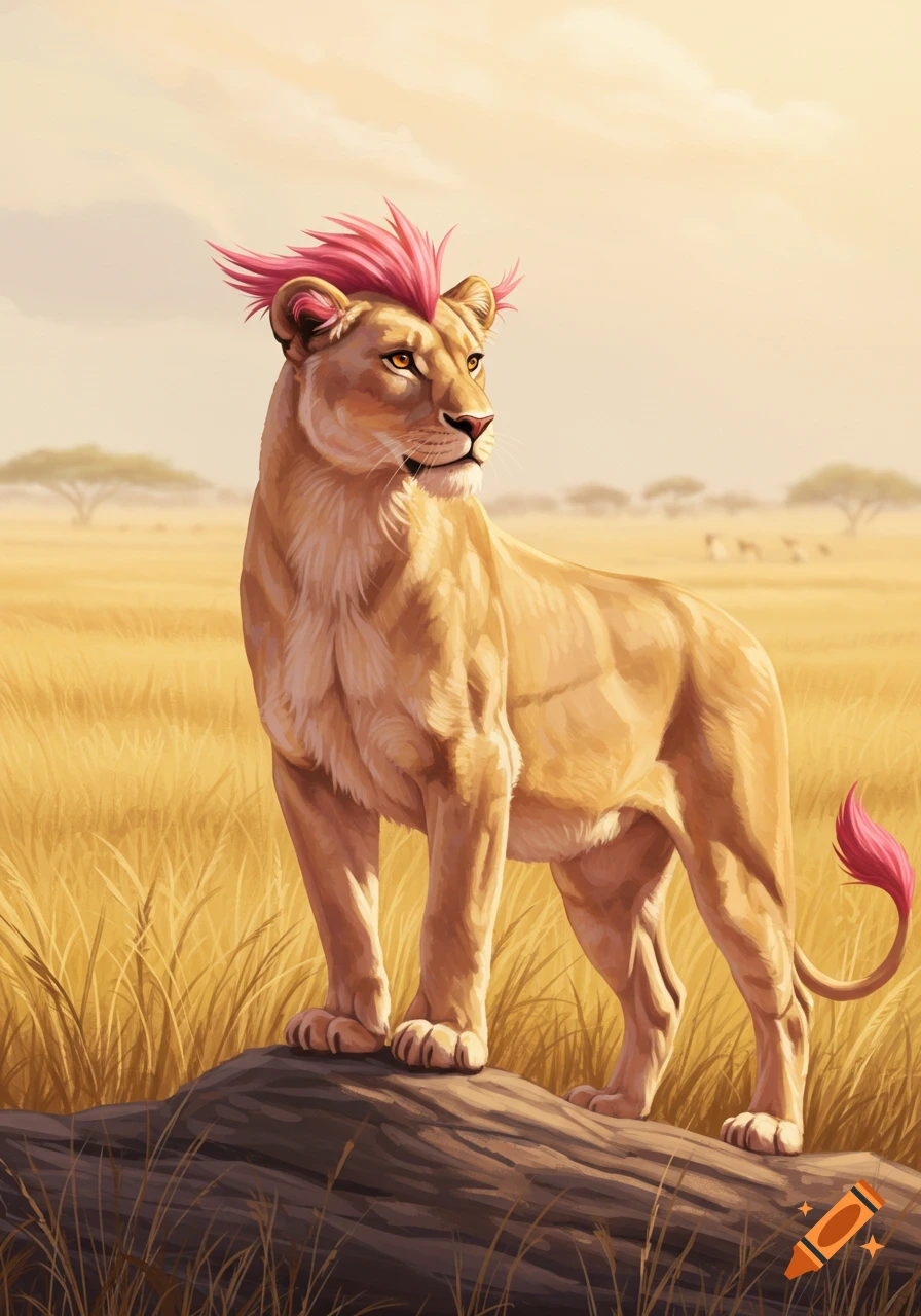 A lighter-colored lioness with a bright pink mohawk stands on a log in a golden savanna field.