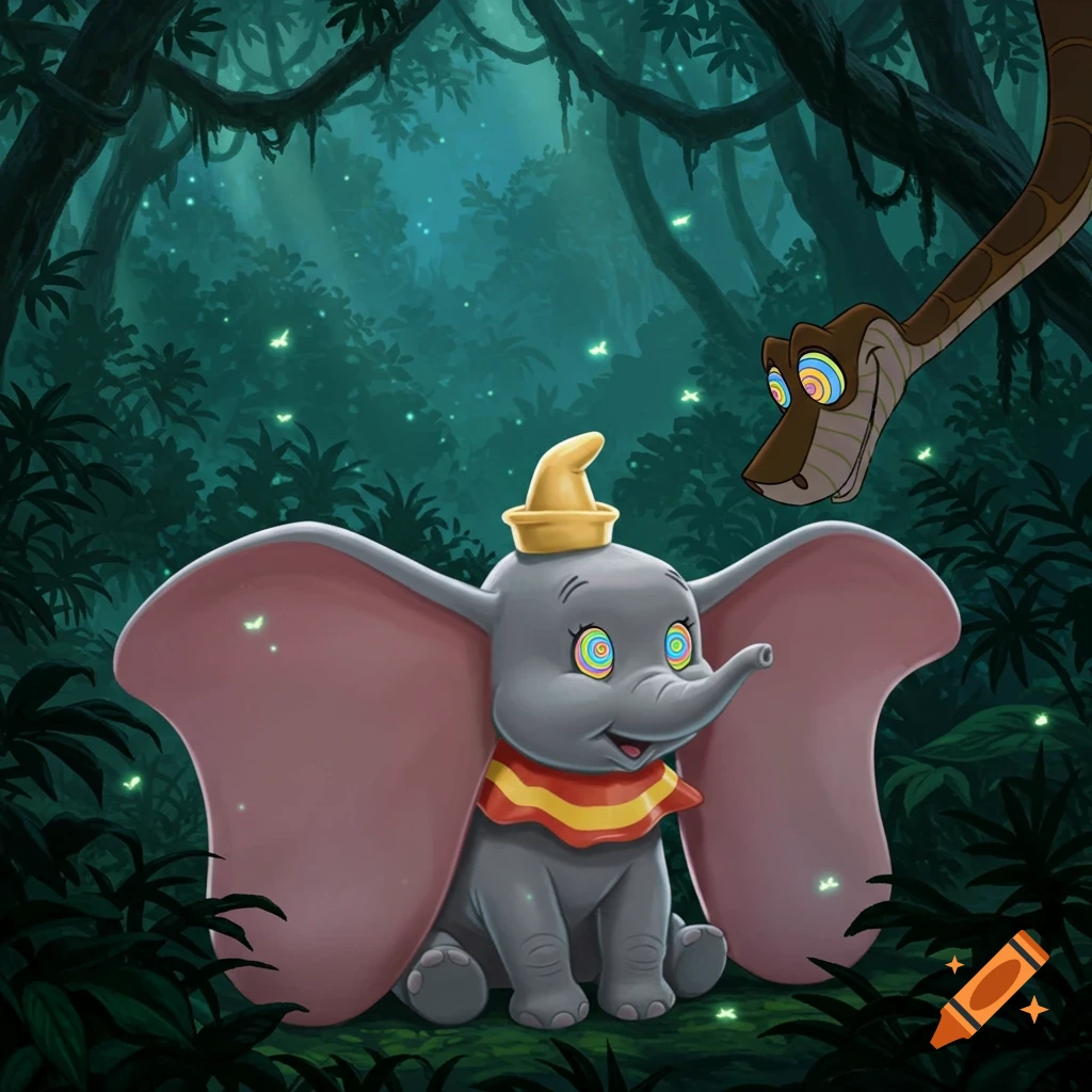 Cartoon illustration of a baby elephant Dumbo with spiral eyes being hypnotized by the snake Kaa in a glowing jungle.