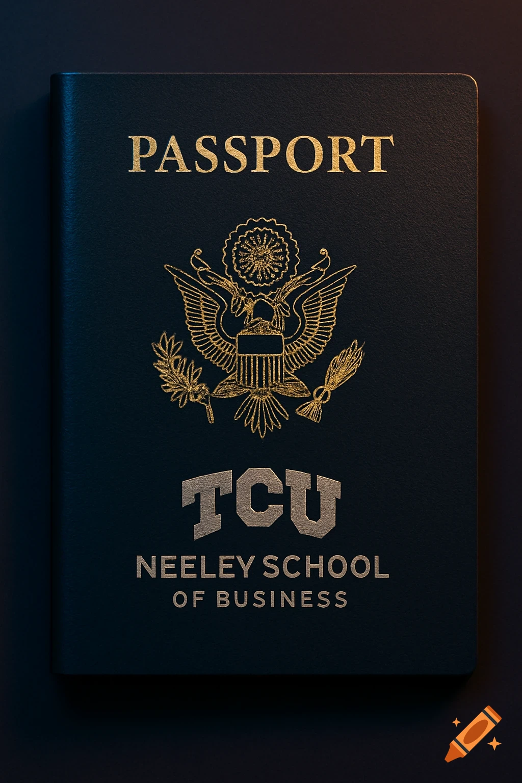 A dark blue US passport cover with gold 'PASSPORT' text, the US Great Seal, and silver 'TCU Neeley School of Business'.