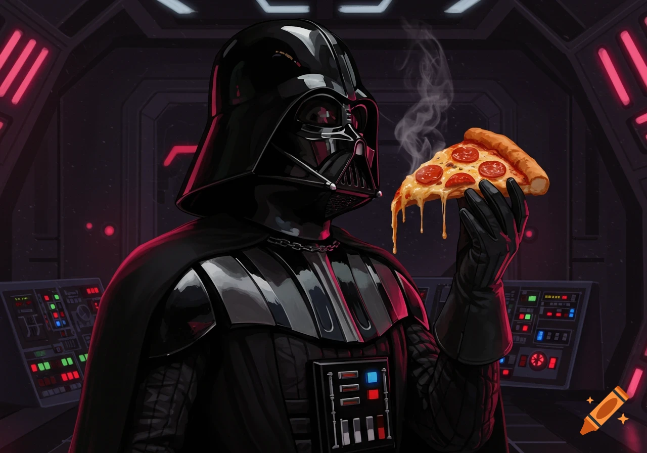 A digital illustration of Darth Vader holding a dripping slice of pepperoni pizza in a dimly lit sci-fi control room.