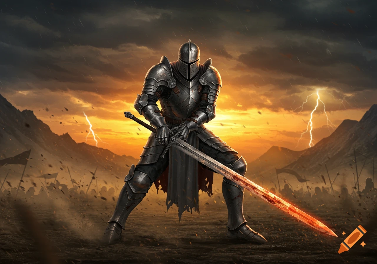 A knight in full plate armor stands ready for battle, holding a sword, against a stormy sunset sky with lightning.
