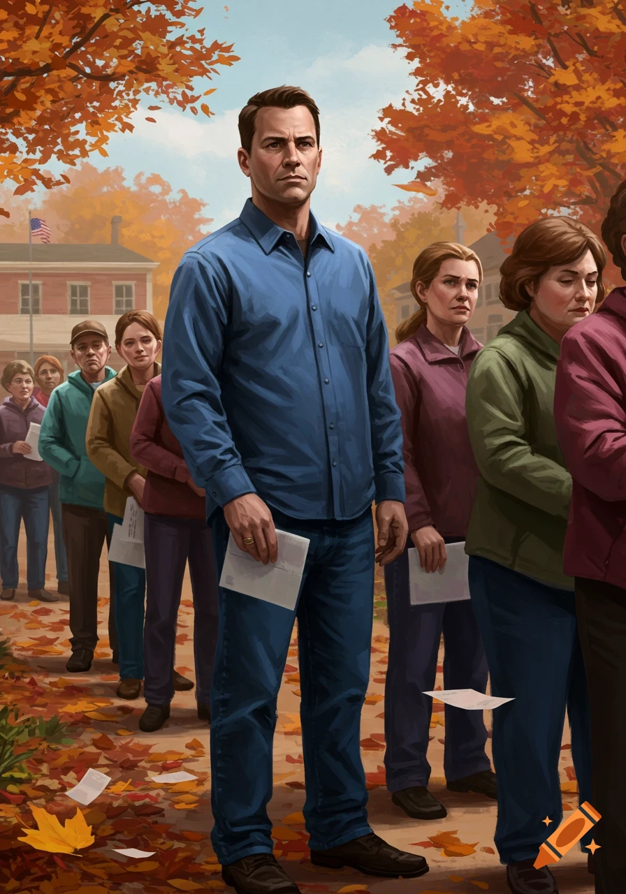 A group of diverse adults waiting in a long line outdoors during autumn, with a man in a blue shirt at the front.