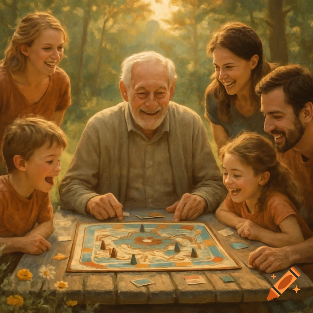 A joyful family, including an elderly man and children, happily playing a board game at an outdoor picnic table in a sunlit, painterly style.