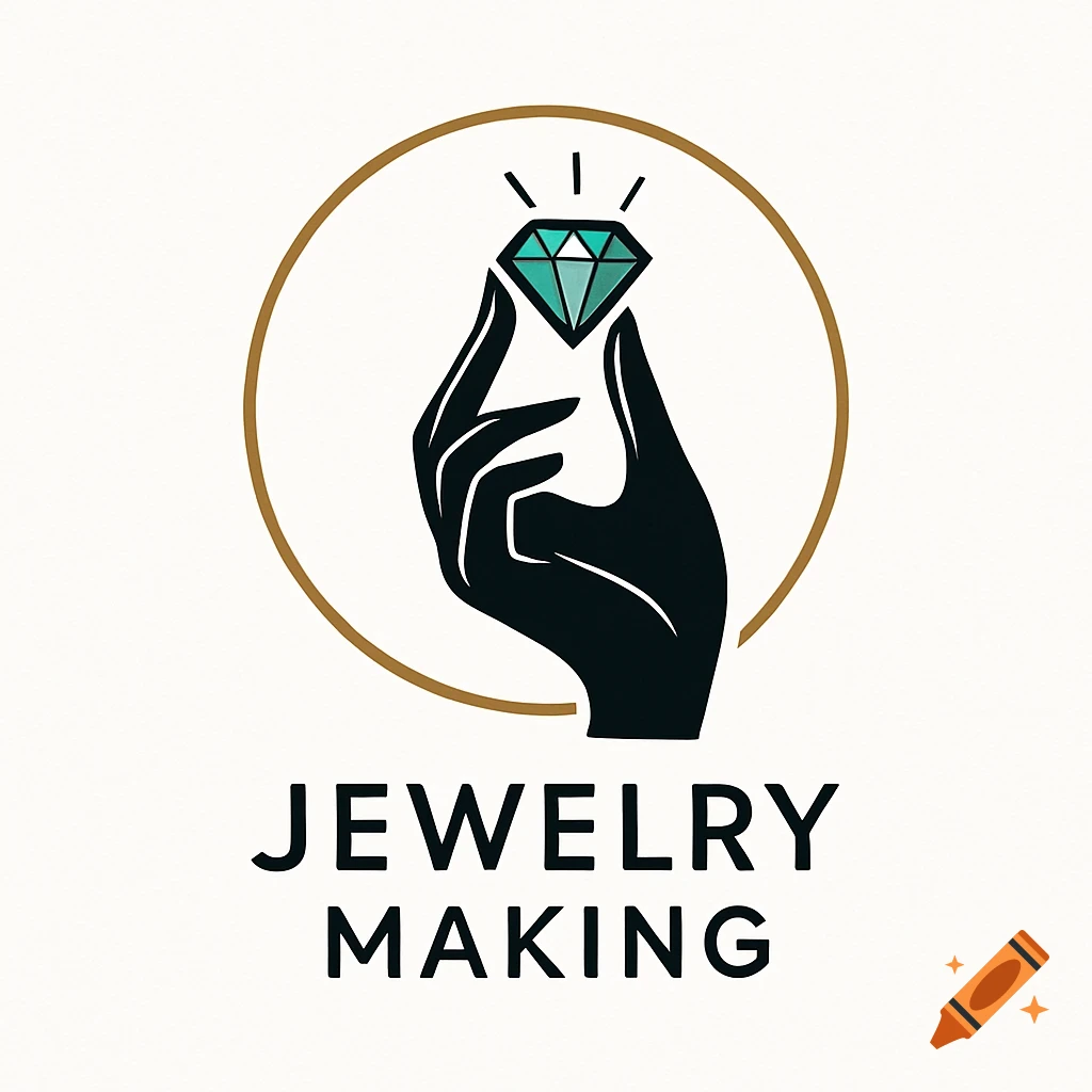 A logo featuring a black stylized hand holding a teal diamond within a gold circle, with the text 'JEWELRY MAKING' below.