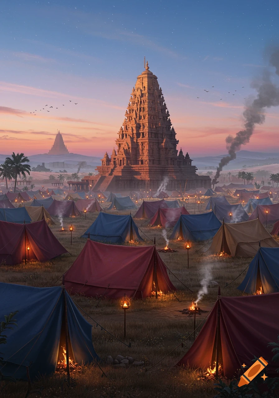A majestic, multi-tiered temple stands tall against a twilight sky, surrounded by a vast camp of colorful tents with glowing fires and lanterns.