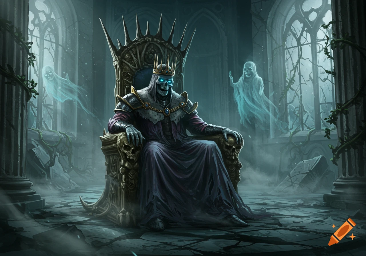 An undead skeleton king with glowing eyes sits on a spiky throne in a ruined gothic hall with two floating ghosts.
