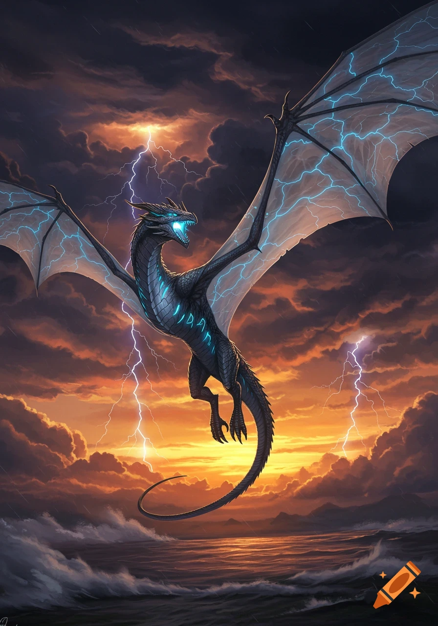 A majestic black wyvern with glowing blue eyes and bioluminescent patterns on its body flies through a stormy sky with lightning and crashing waves below at sunset.