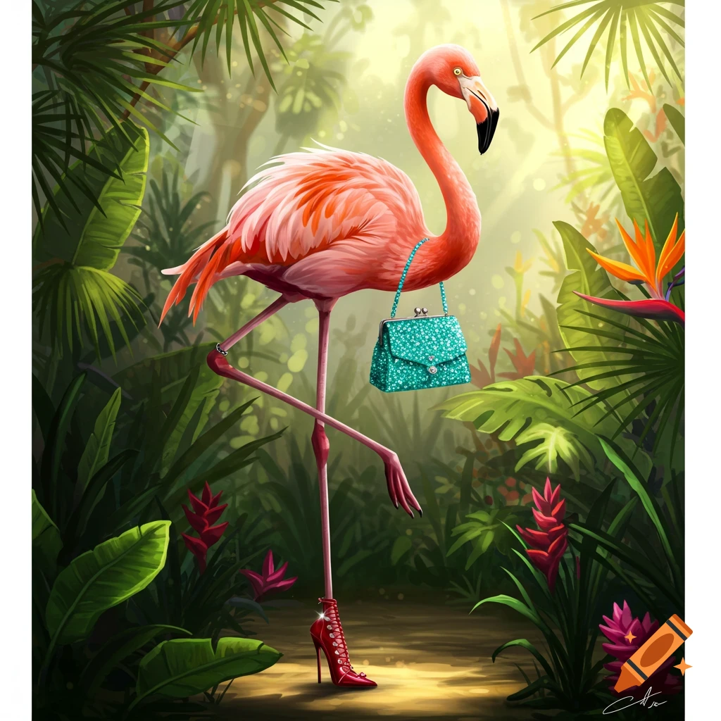 A stylish flamingo in a lush jungle wears a red high heel and carries a sparkly teal purse.