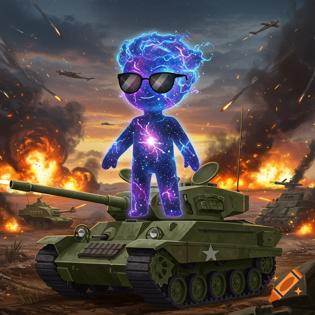 A glowing, cosmic humanoid with sunglasses stands on a military tank amidst a chaotic, cartoonish battlefield with explosions.