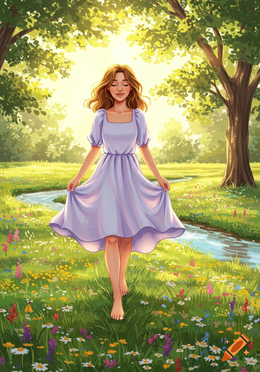 An illustration of a girl in a purple dress walking barefoot through a sunny field of wildflowers next to a stream.