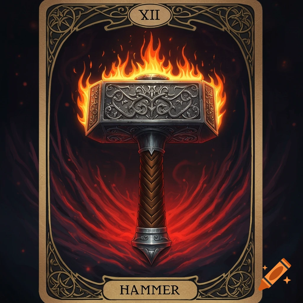 A fiery, ornate hammer depicted on a dark, mystical tarot card with gold borders, showing the number XII and the word 'HAMMER'.