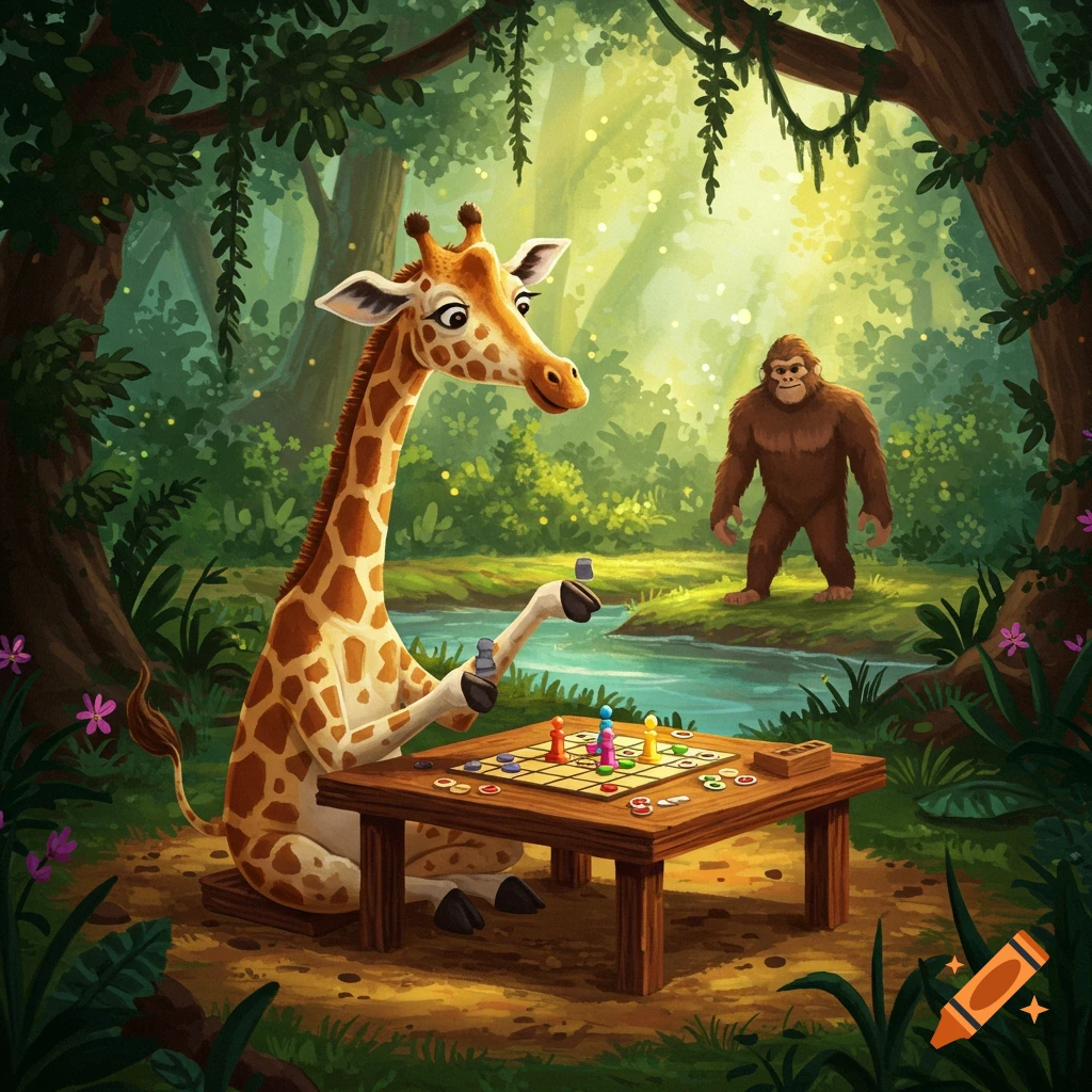 An illustrated scene of a giraffe playing a board game at a wooden table in a lush forest, with Bigfoot standing by a river in the background.
