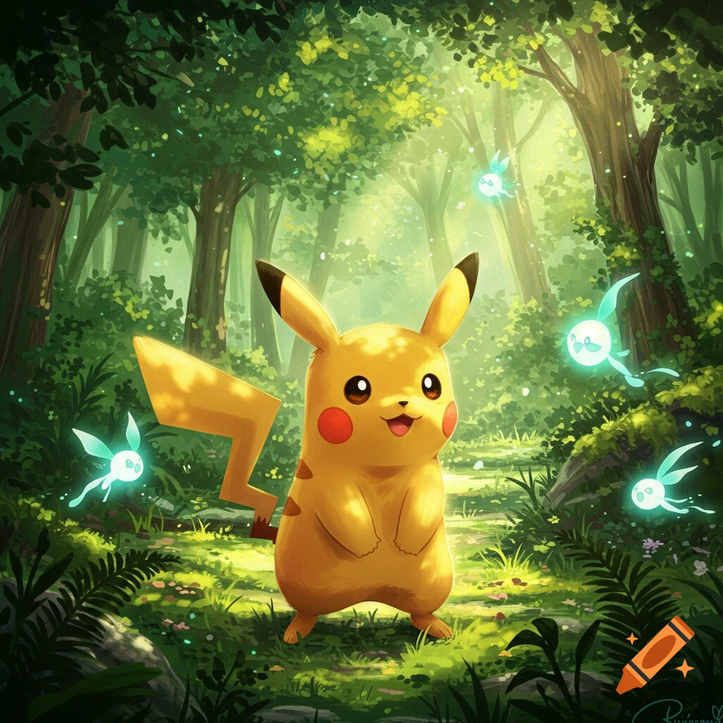 A smiling Pikachu stands in a lush, sunlit forest, surrounded by glowing light blue spirits.