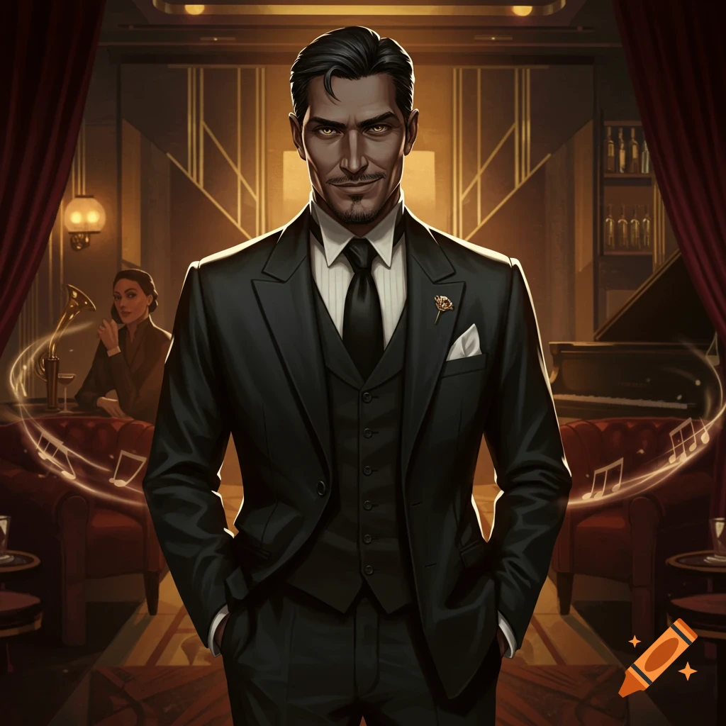 A digital art portrait of a smirking man in a black suit with glowing yellow eyes, standing in an elegant Art Deco lounge with a piano.