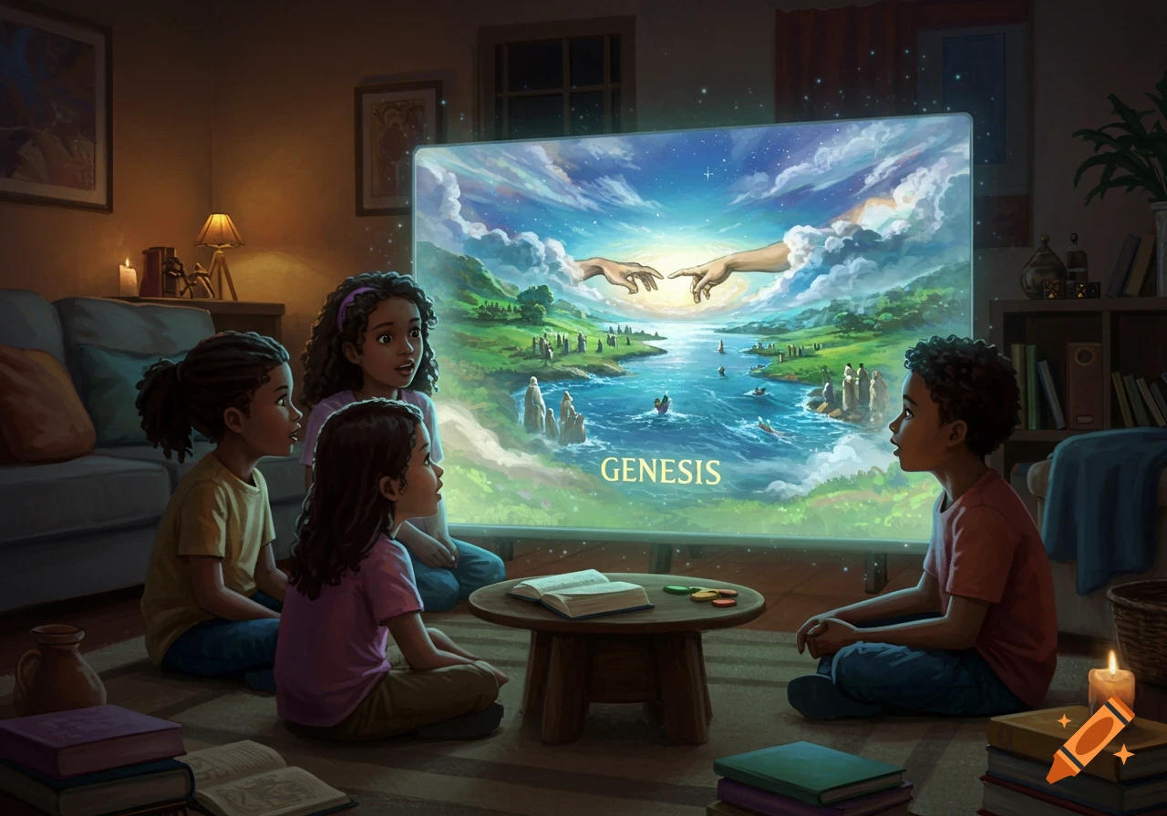 Four children watch a glowing screen displaying the Genesis creation story with two hands reaching and a flowing river in a dimly lit room.