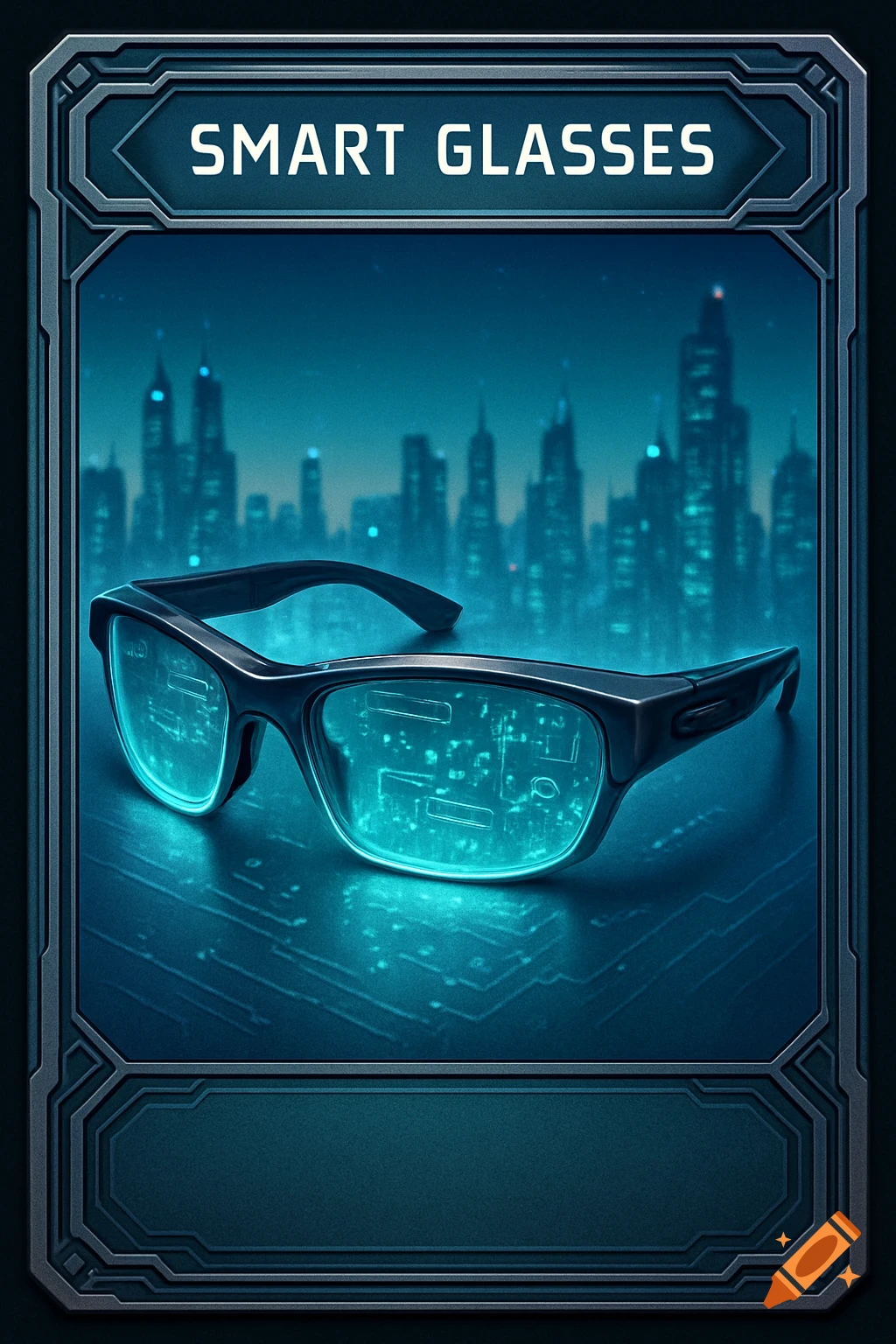 A card game image featuring black smart glasses with glowing blue circuit lenses, against a blue cyberpunk city background.