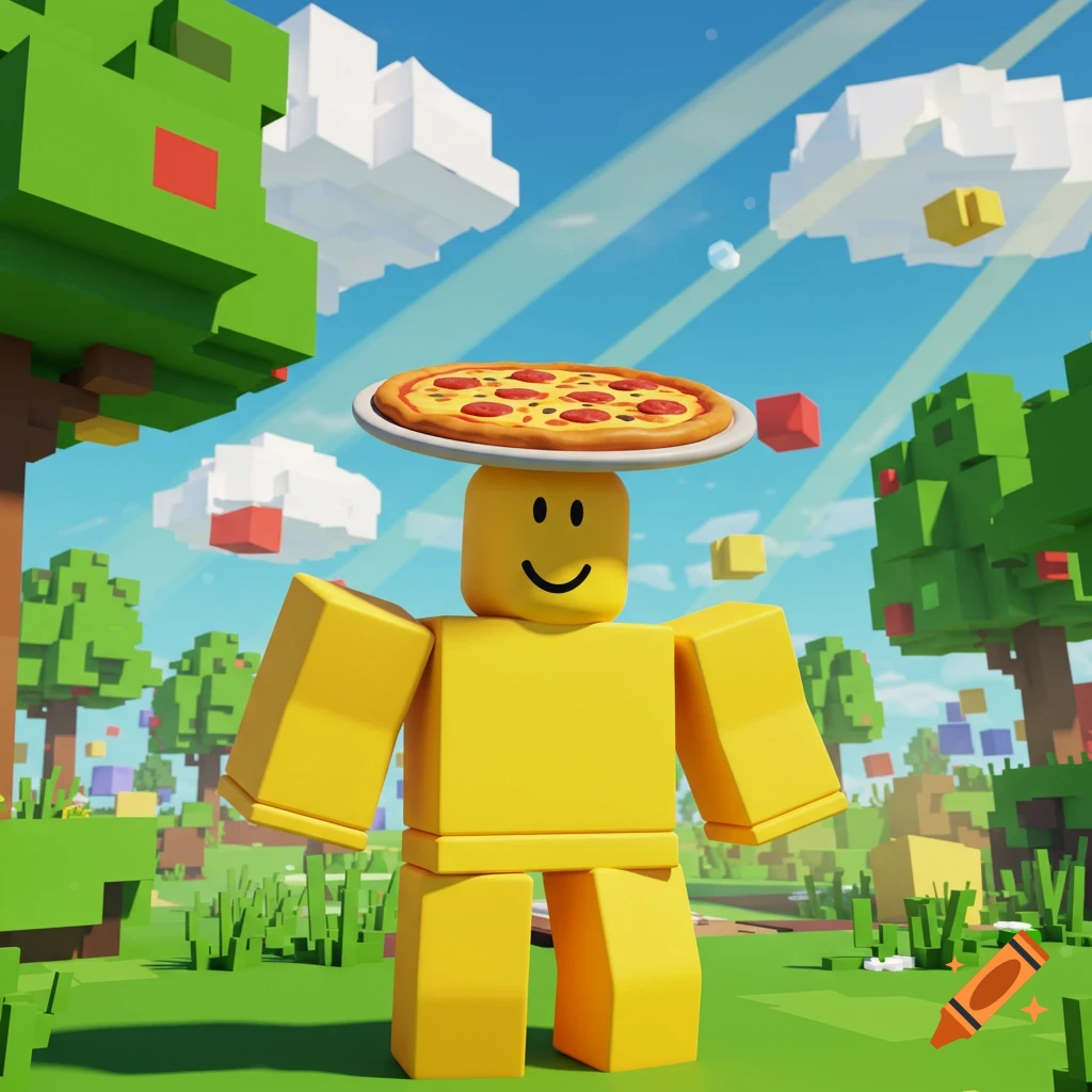A yellow Roblox character balances a pepperoni pizza on its head in a blocky, sunny landscape with trees and clouds.