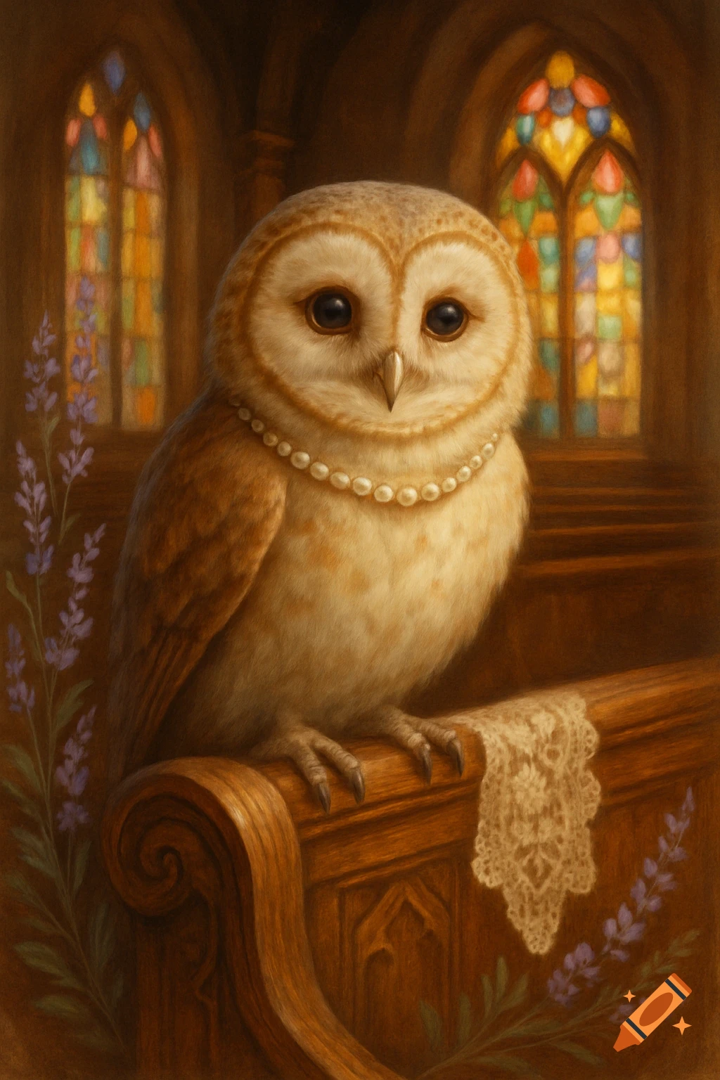 A cute barn owl wearing a pearl necklace sits on a wooden church pew with stained glass windows and lavender in the background.
