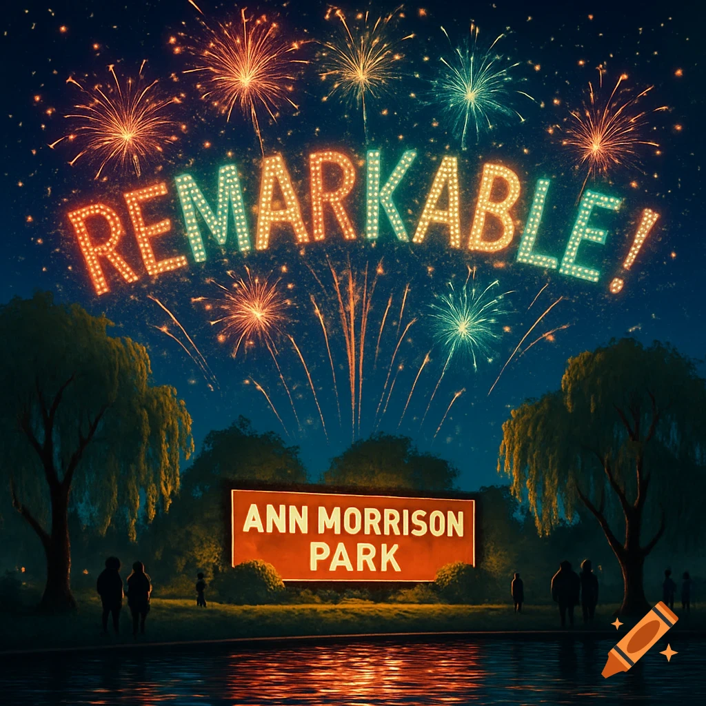 Fireworks spell out 'REMARKABLE!' over Ann Morrison Park at night, with people watching by a reflective pond.
