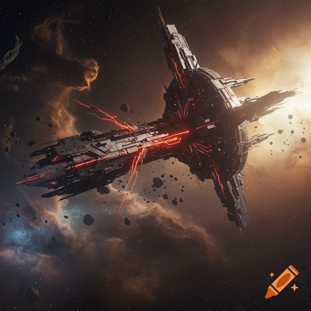 A large, dark, futuristic space station with glowing red accents floats in deep space among asteroids and swirling nebulae.