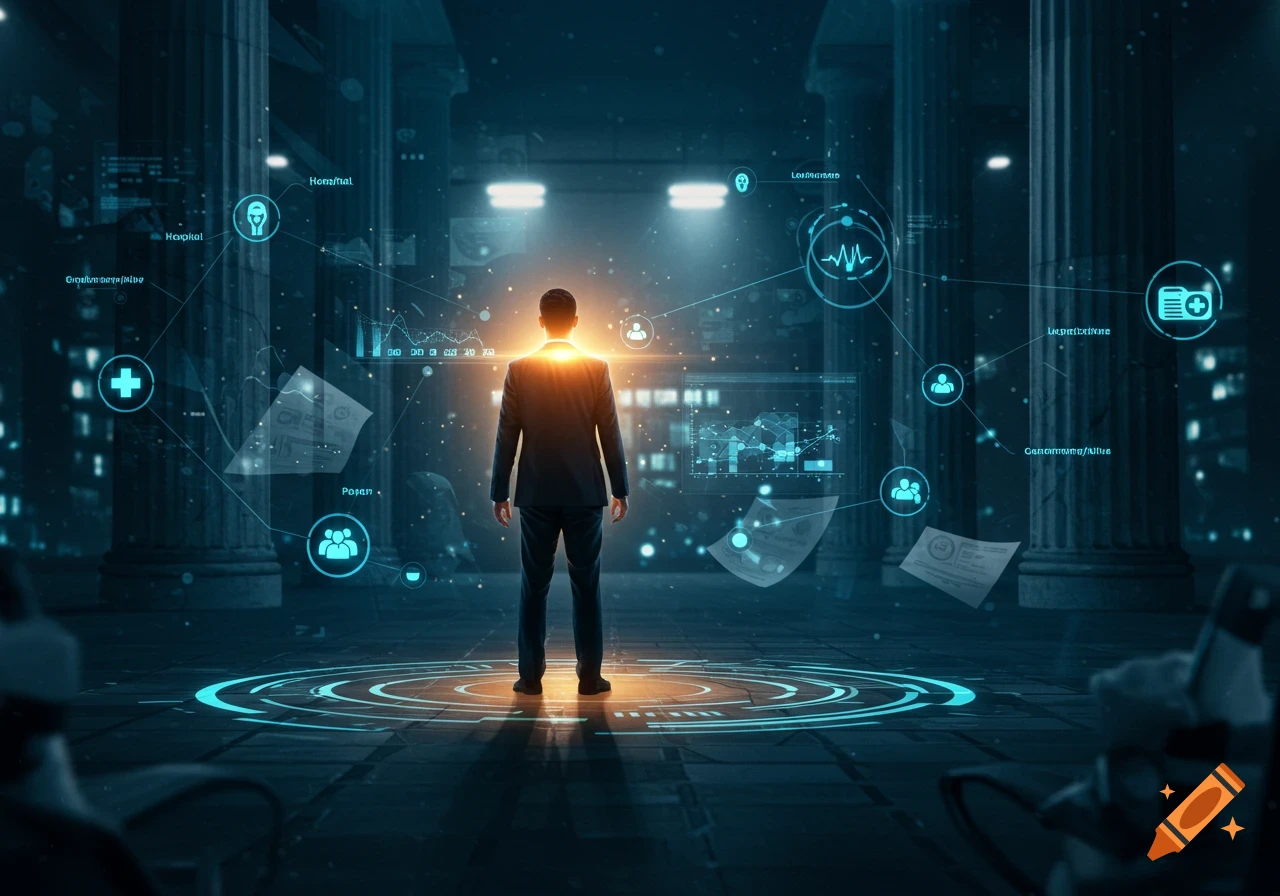A man in a business suit stands facing glowing holographic data displays with medical and business icons in a dark, futuristic setting with columns.