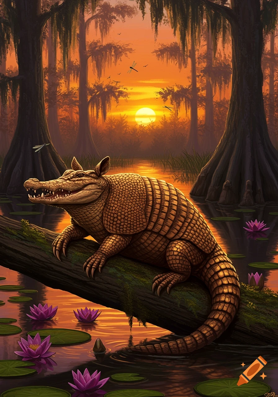 A detailed illustration of an armadillo-alligator hybrid resting on a log in a swamp with cypress trees, lily pads, and a sunset.