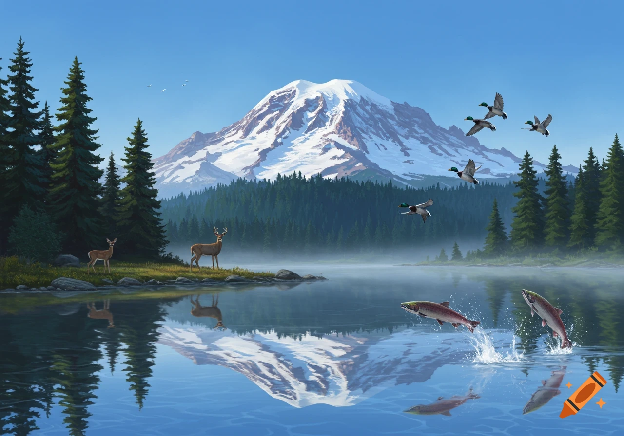 A serene landscape with Mount Rainier, a lake reflecting the mountain, pine trees, two deer, flying ducks, and salmon jumping from the water.