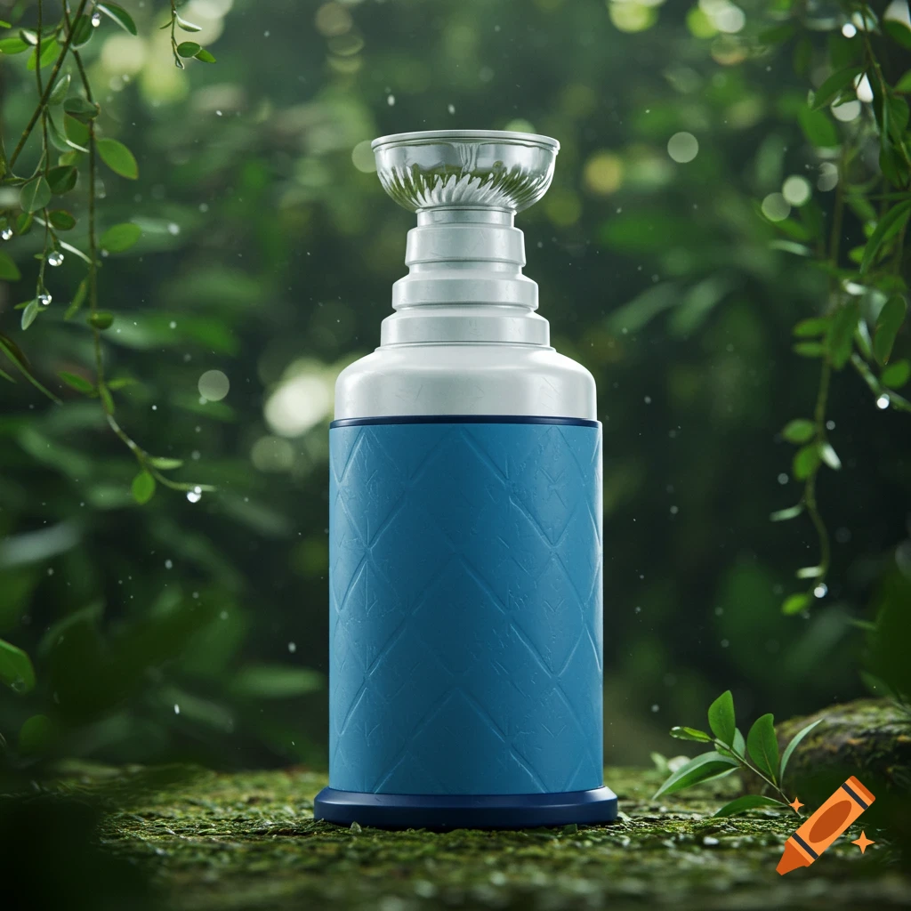 A blue and white Stanley-style insulated cup stands on mossy ground with lush green foliage and water droplets in the background.