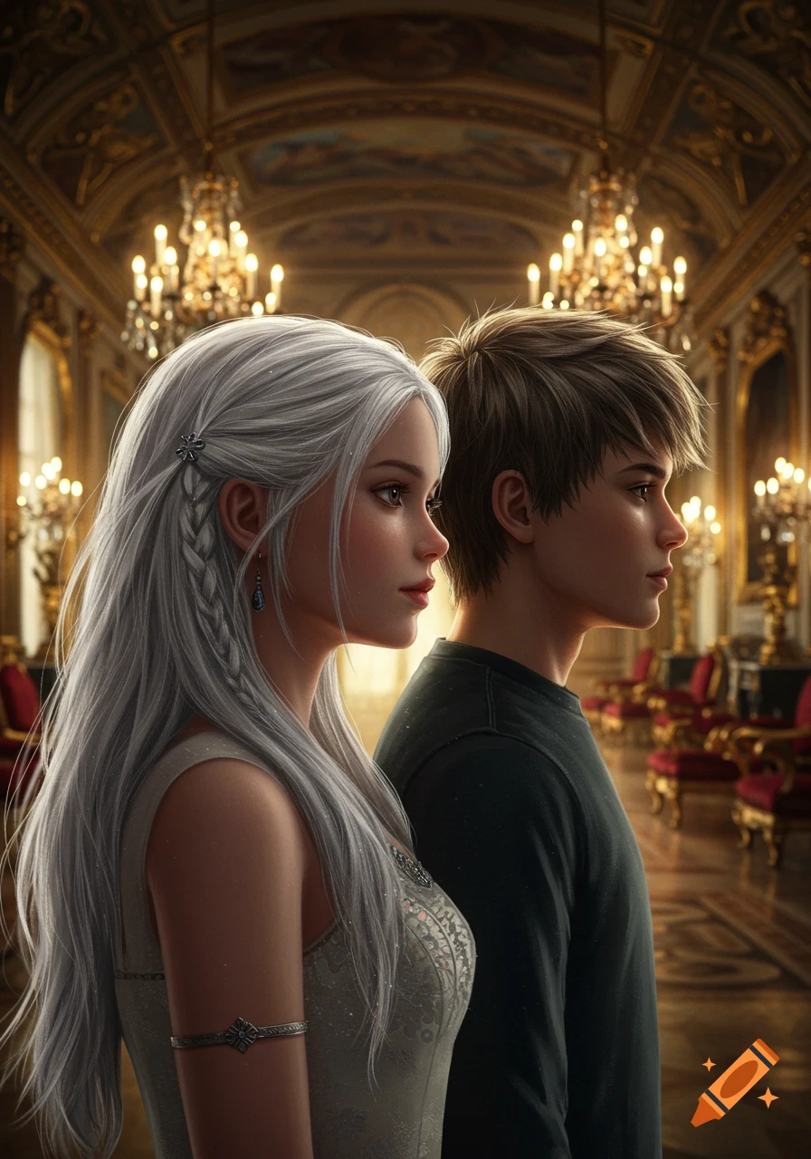 Realistic portrait of a silver-haired girl and a boy in a luxurious palace, with ornate walls and chandeliers.