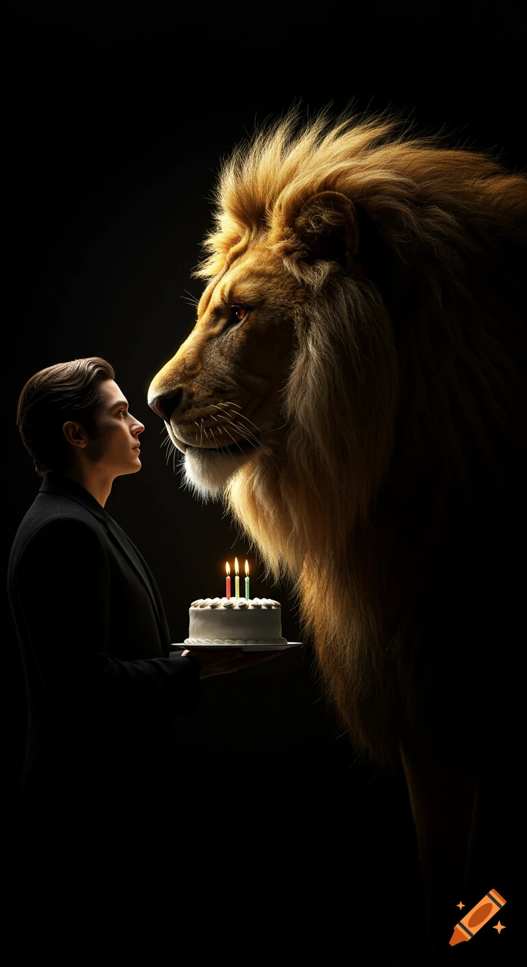 A photorealistic portrait of a man holding a birthday cake with lit candles, looking at a large lion against a dark background.