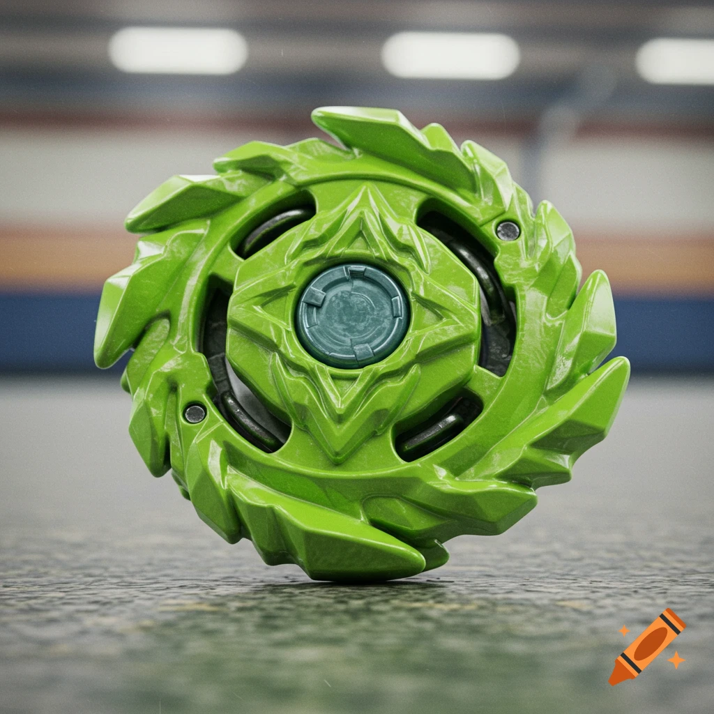 A photorealistic lime-green Beyblade with a dark green hub sits on a textured surface.