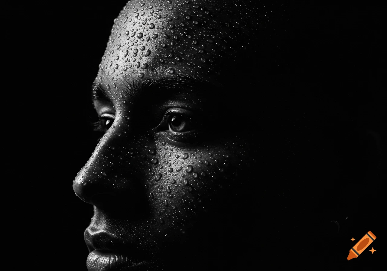 A high-contrast black and white close-up of a person's face covered in water droplets.