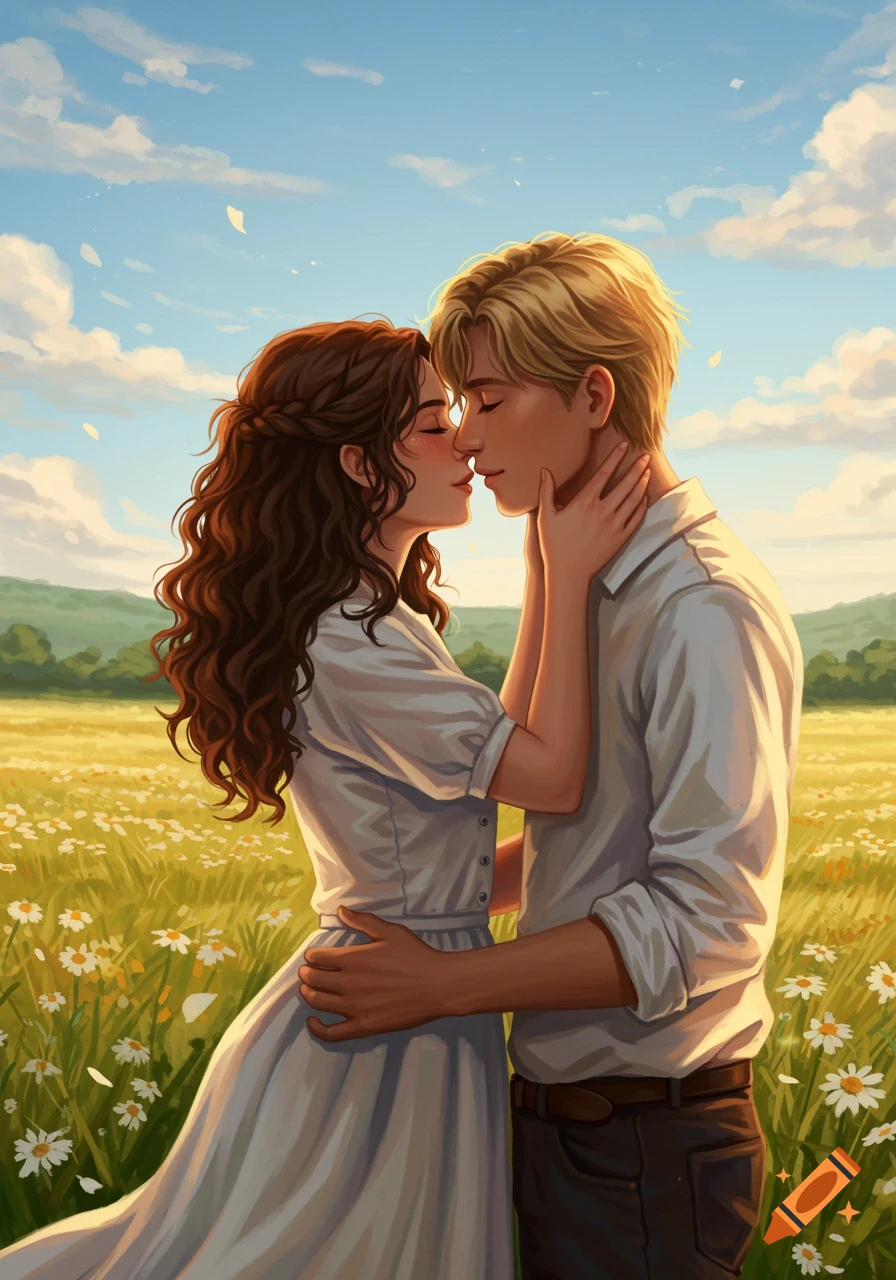 An illustration of a brunette woman and blonde man embracing in a sunlit field of white flowers.