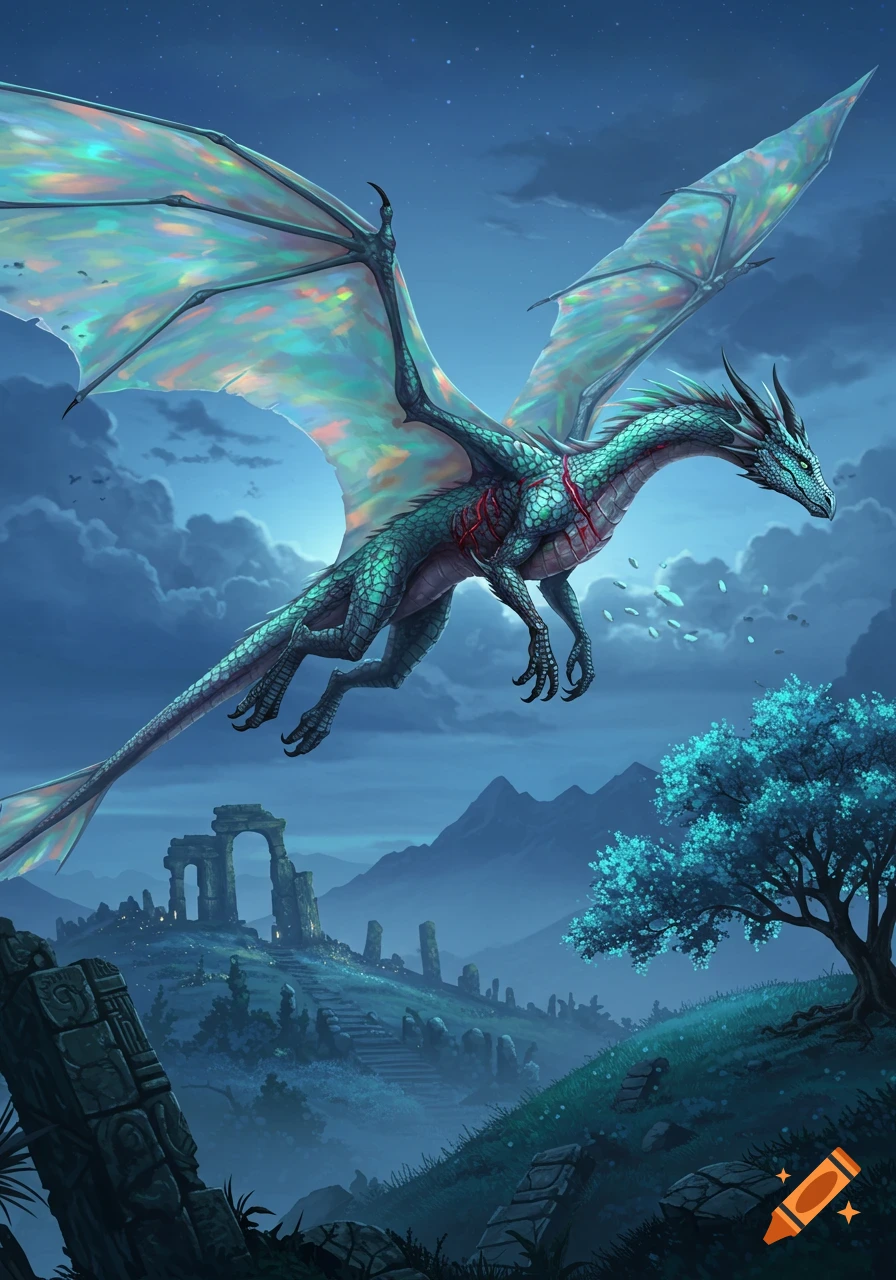 A teal dragon with iridescent wings flies over ancient ruins and a glowing blue tree at night.